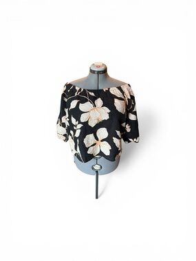 Cynthia Rowley Black Off-Shoulder Crop Top with Cream Floral Print